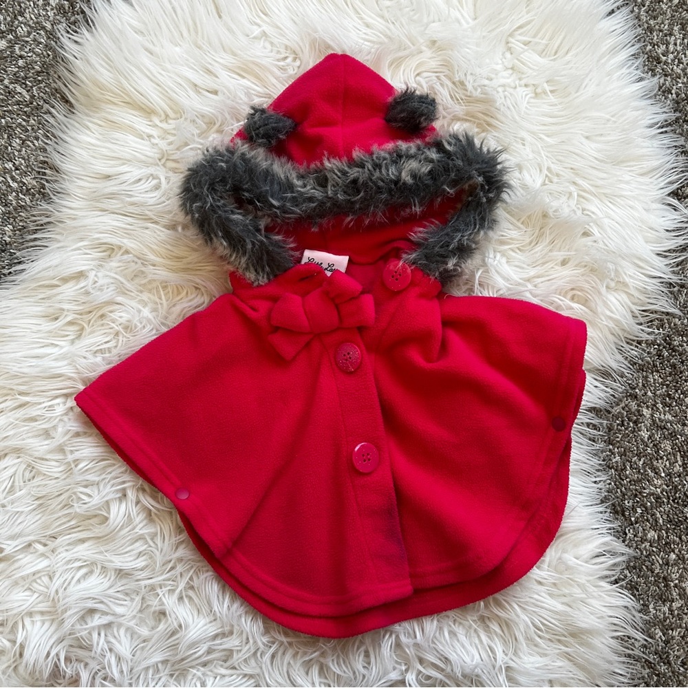 Little Lass | Red Fleece Poncho w/ Bear Hood